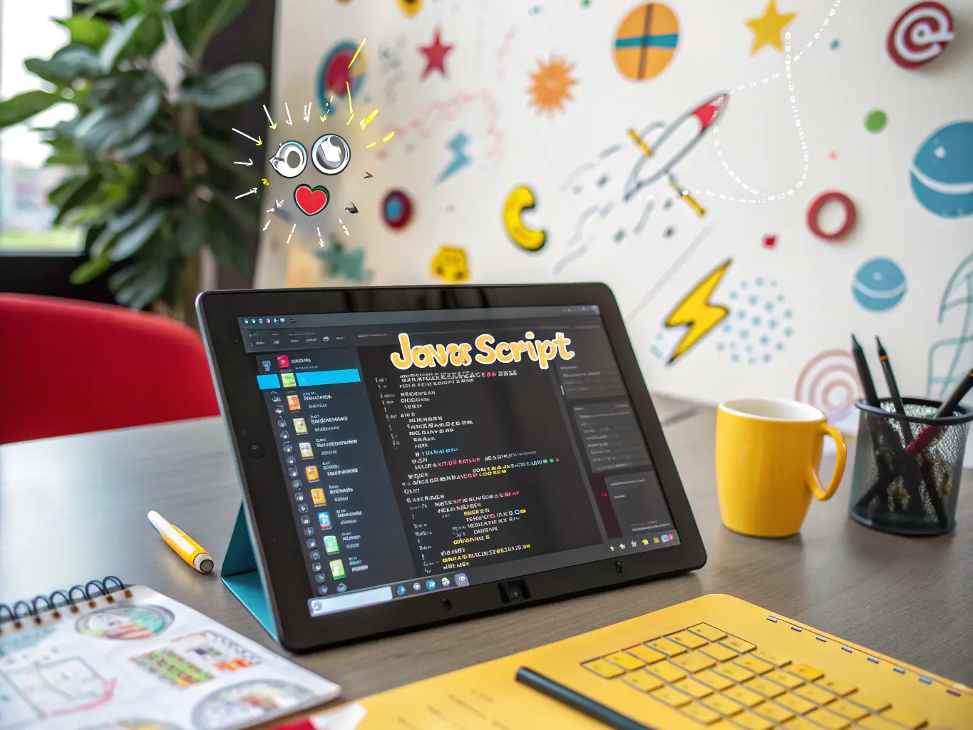 An image depicting JavaScript code running on a tablet, with London's skyline visible in the reflection, symbolizing JavaScript's importance in UK web development.