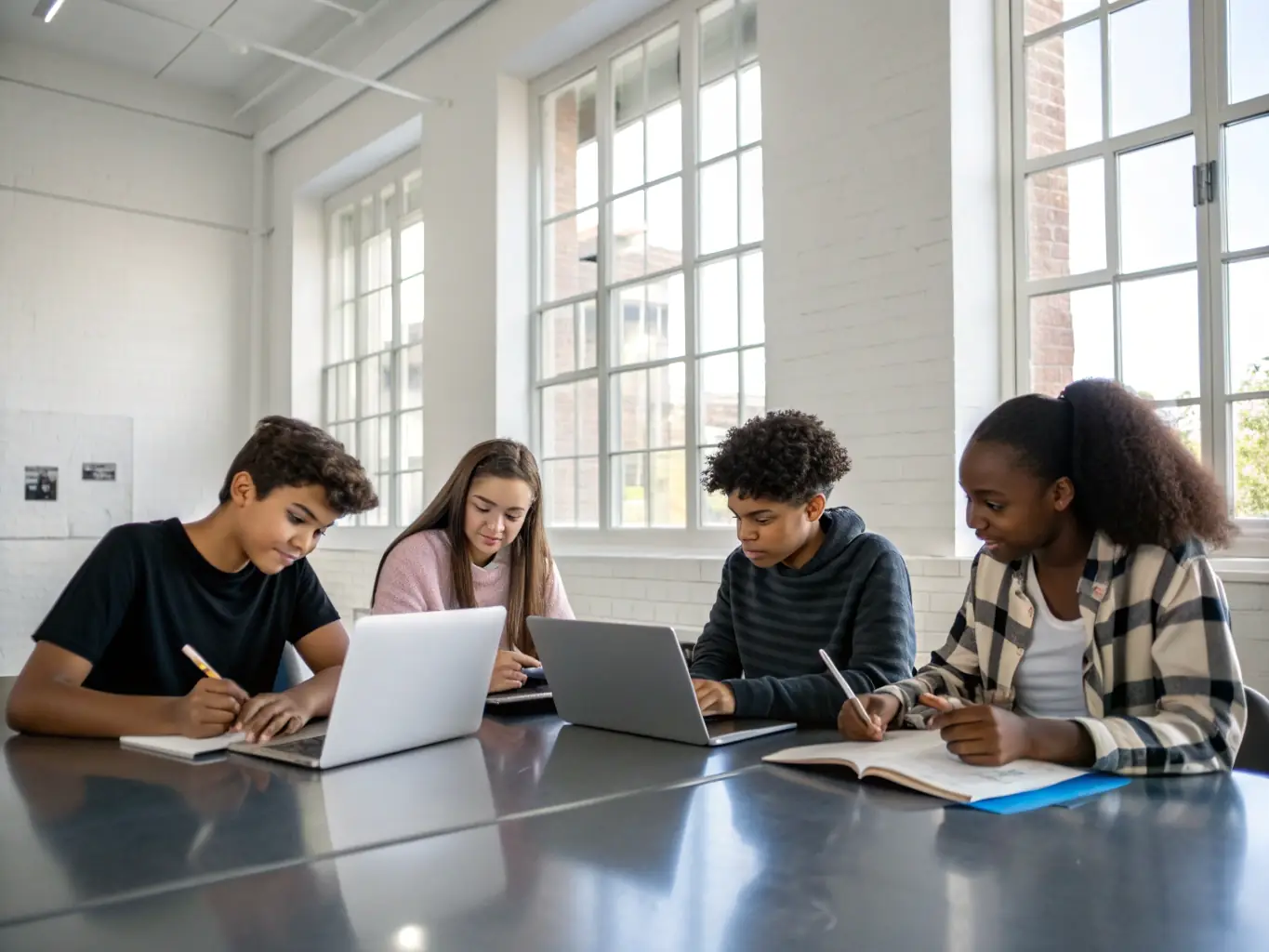 A collaborative coding session with diverse students working on laptops, set against a backdrop of Cambridge University, highlighting the educational environment.