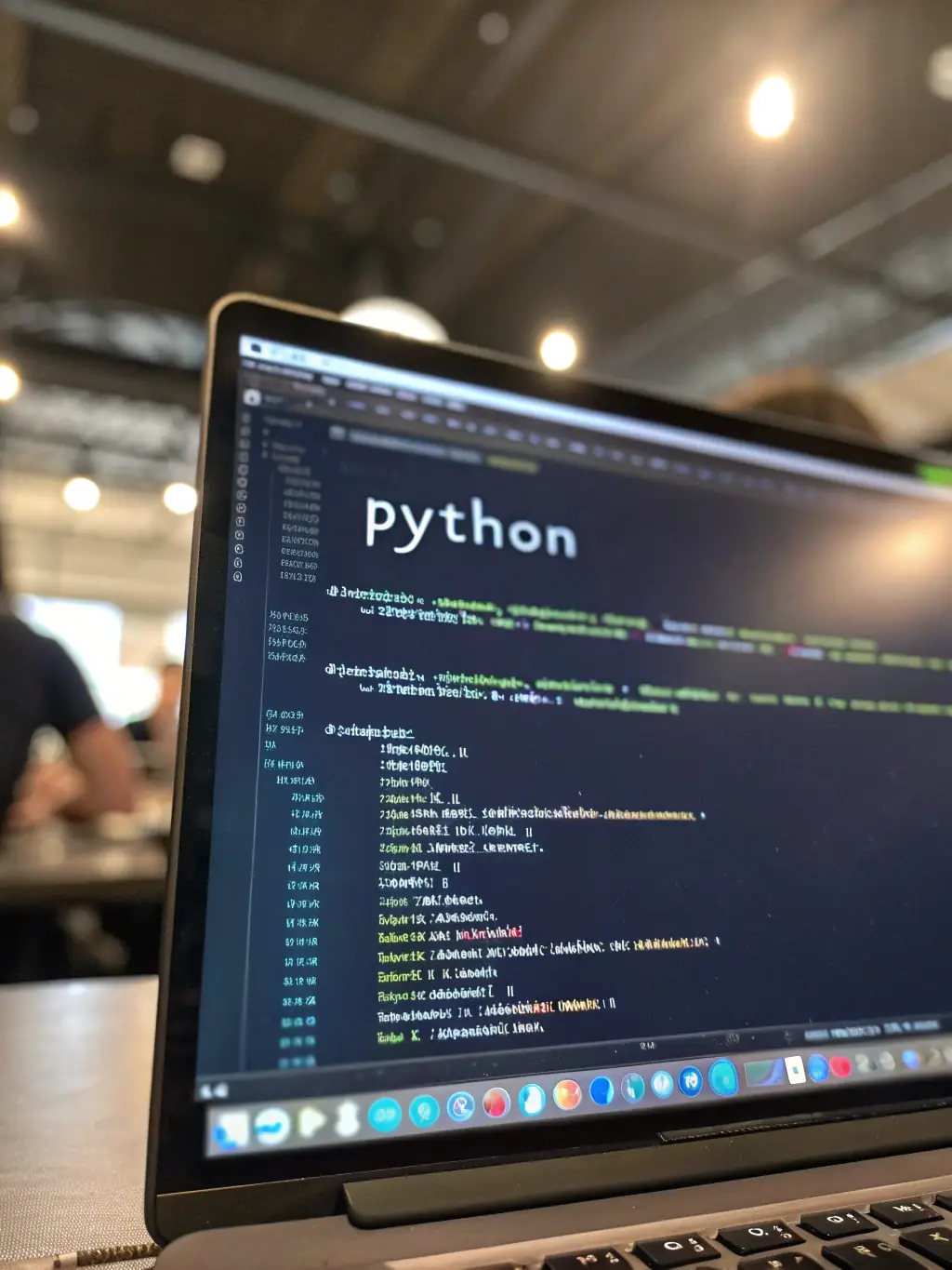 A focused shot of Python code on a screen, highlighting its readability and versatility, used to represent the Python module in the coding education program.