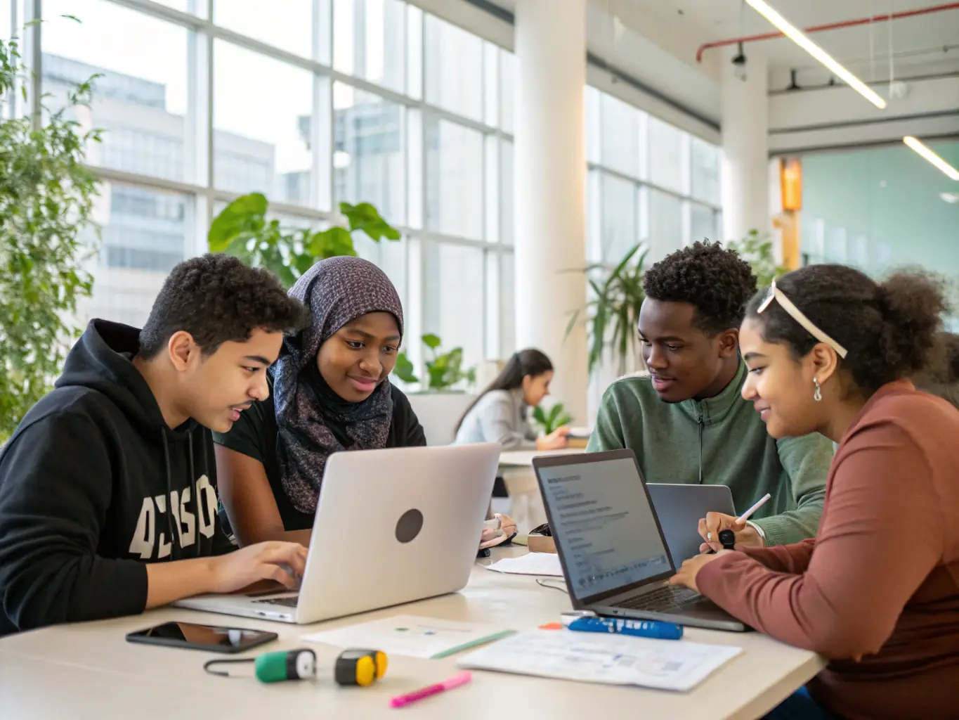 A diverse group of students collaborating on a coding project in a modern, well-lit classroom, reflecting RiseBrit's collaborative learning environment.