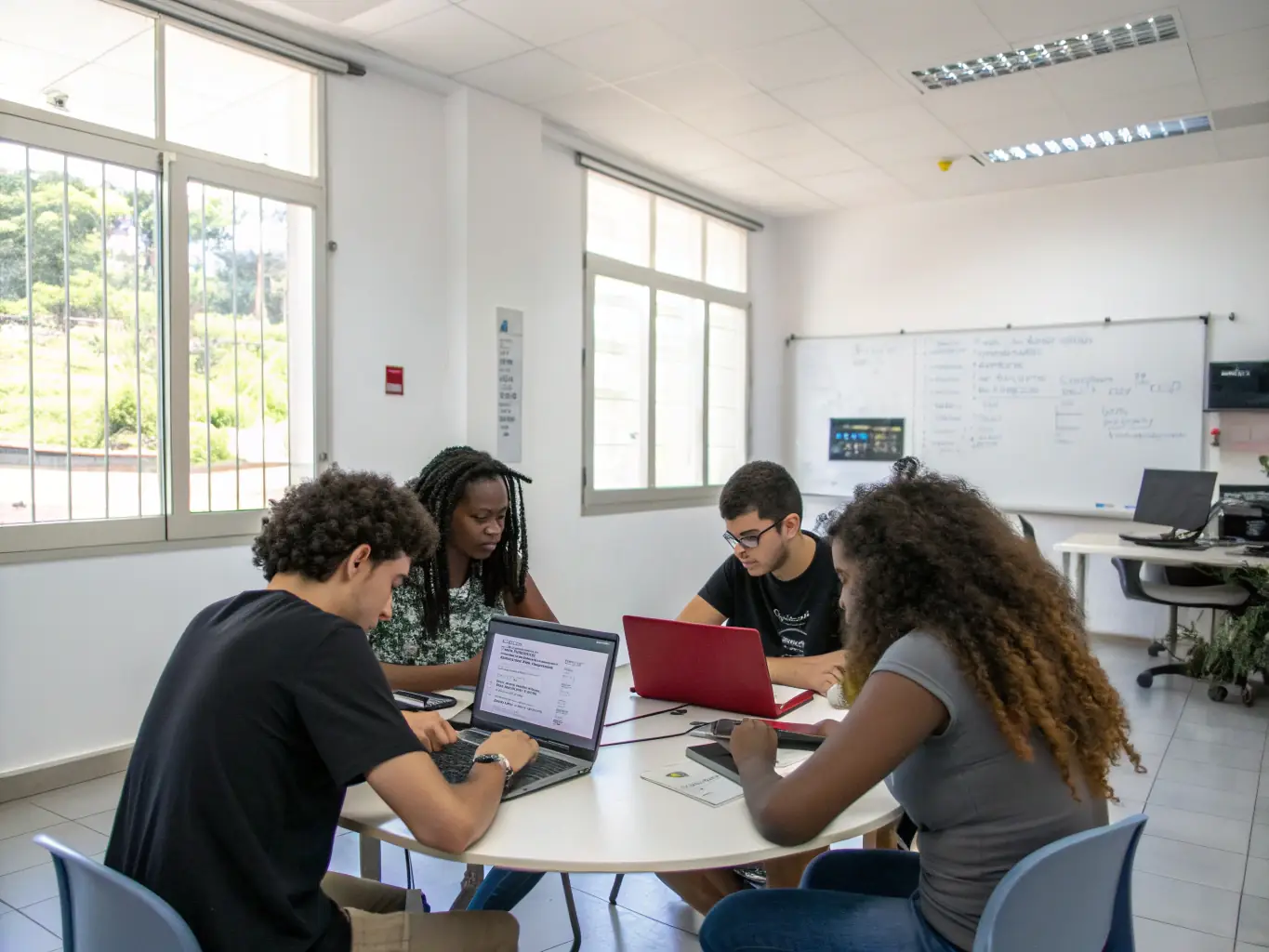 A diverse group of students collaborates on a coding project, using multiple monitors and sharing ideas, in a collaborative workspace that fosters teamwork and innovation at risebrit.site.