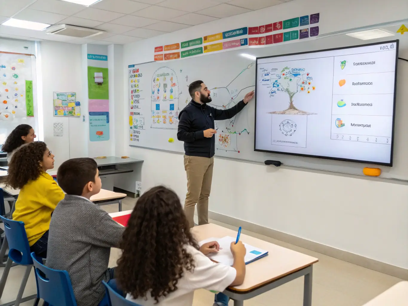 An instructor is explaining a complex coding concept on a whiteboard to a small group of attentive students, illustrating the personalized and interactive teaching approach at risebrit.site.