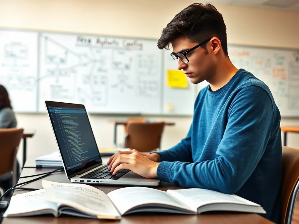 A focused student is deeply engaged in coding on a laptop, surrounded by textbooks and notes, in a modern, well-lit classroom setting, reflecting the intensive learning environment of risebrit.site's coding courses.